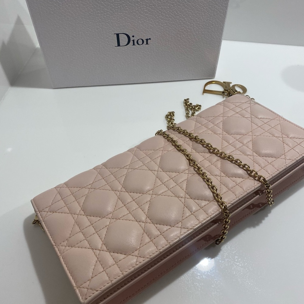 Authentic Lady Dior Pouch. Baby lamb in baby pink. Champagne colour chain.